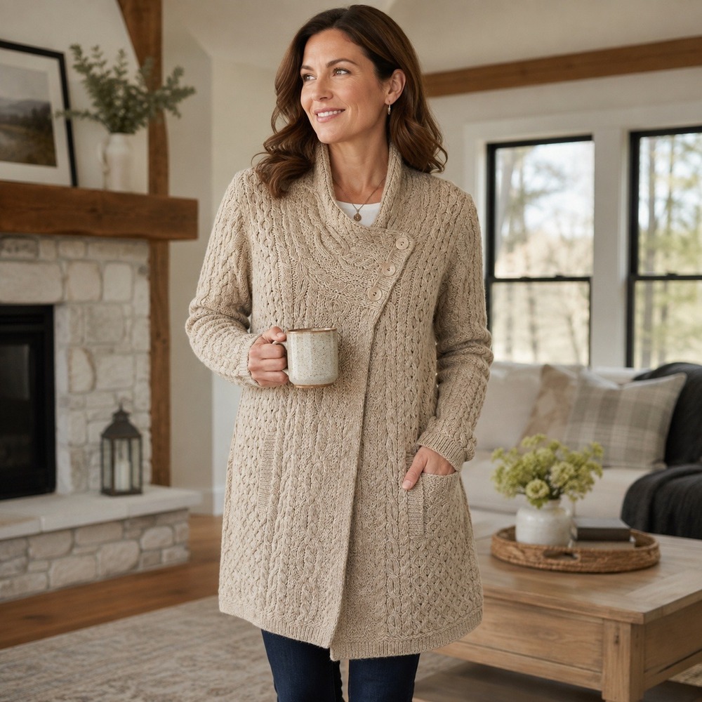 Aran Crafts Ireland Womens L Merino Wool Cable Knit Long Cardigan Oatmeal